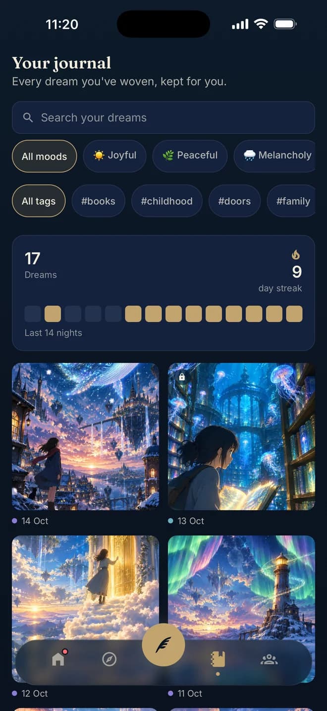 The Visora journal with a dream streak and a grid of dream paintings
